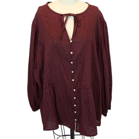 OLD NAVY Oversized Embroidered Eyelet Peasant Top Size 3X NWT Reddish Brown - Picture 1 of 9